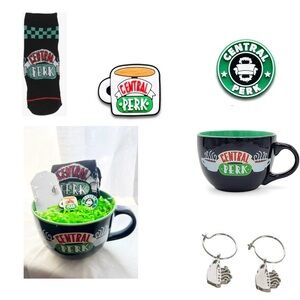 FRIENDS Gift Bundle of 5 - Central Perk Mug, Earrings, Socks & Shoe Charms - New